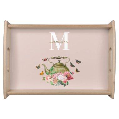 Teapot Party Pink Floral & Butterflies Monogram Serving Tray