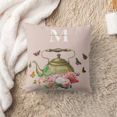 Teapot Party Pink Floral & Butterflies Monogram Throw Pillow