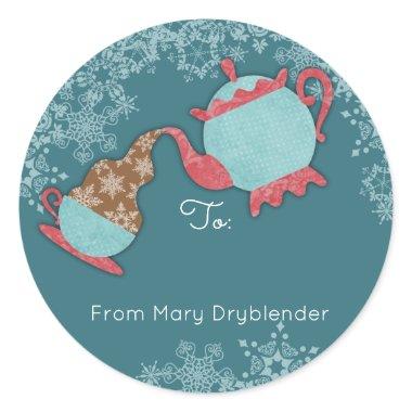 Teapot pouring snowflakes from the kitchen of classic round sticker