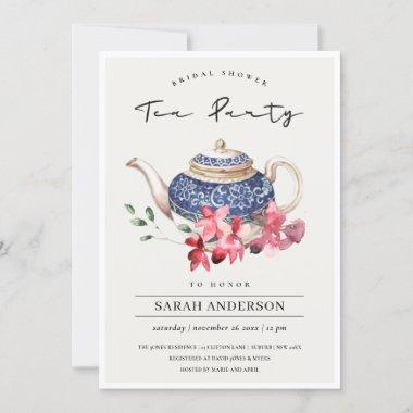Teapot Red Floral Bridal Shower Tea Party Invite
