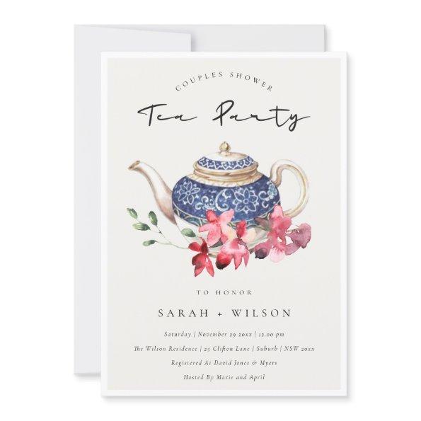 Teapot Red Floral Couples Shower Tea Party Invite