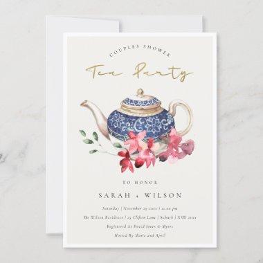 Teapot Red Floral Couples Shower Tea Party Invite