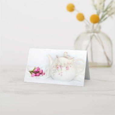 Teapot with Pink Roses Wedding Place Invitations