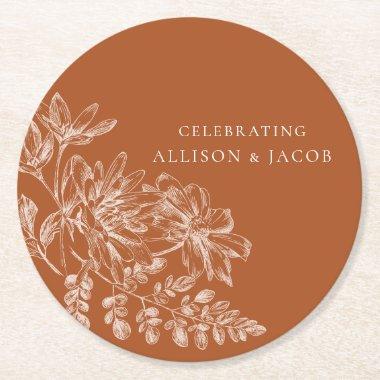 Terra Cotta and White Floral Wedding Round Paper Coaster