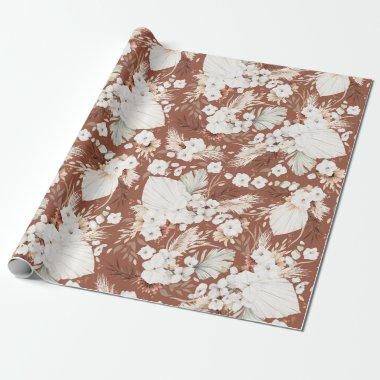 Terracotta and White Flowers Boho Elegant Botanics Wrapping Paper