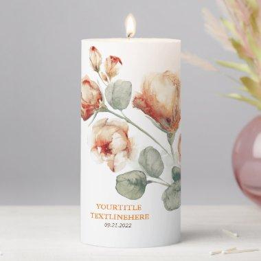 Terracotta Burnt Orange Fall Watercolor Flowers Pillar Candle