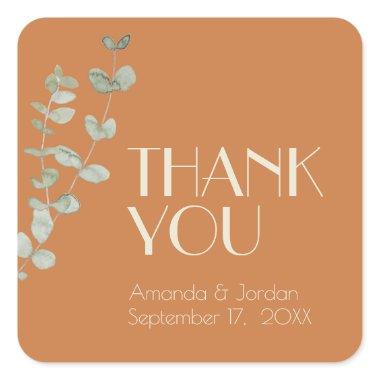 Terracotta Eucalyptus Deco Wedding Thank You Square Sticker