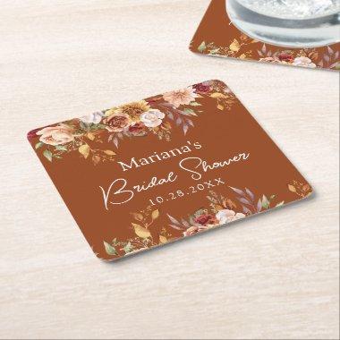 Terracotta Fall Floral  Square Paper Coaster