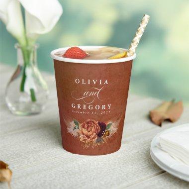 Terracotta Floral Boho Modern Fall Wedding Paper Cups