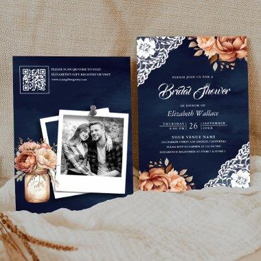 Terracotta Floral Navy Photo QR Code