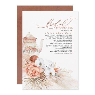 Terracotta Floral Pampas Grass Bridal Shower Tea Invitations