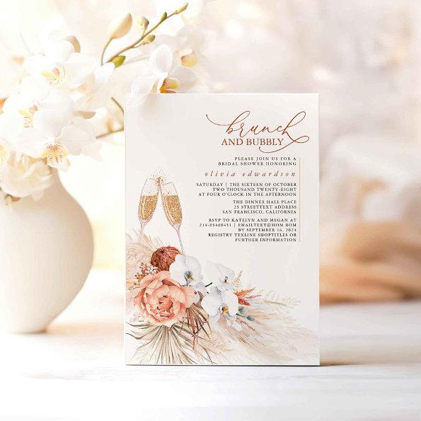 Terracotta Floral Pampas Grass Brunch and Bubbly Invitations