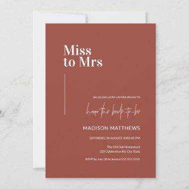 Terracotta Minimalist Miss to Mrs Bridal Shower Invitations