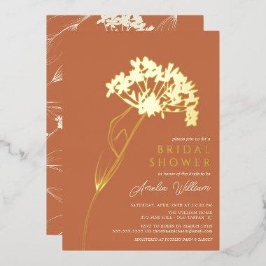 Terracotta Modern Floral Bridal Shower Foil Invitations