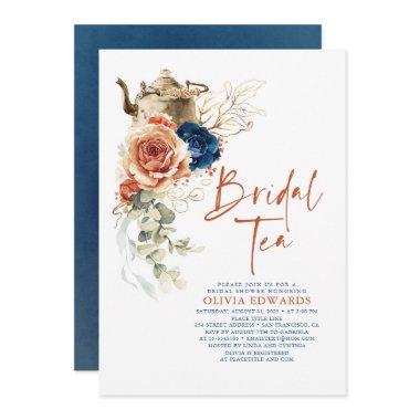 Terracotta Navy Blue Boho Bridal Shower Tea Party Invitations