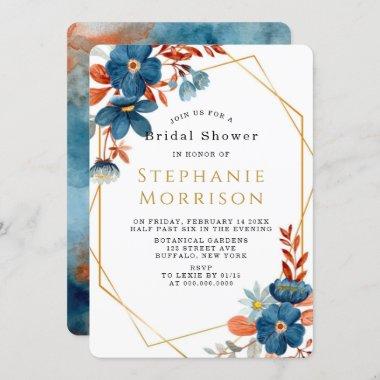 Terracotta Navy Blue Floral Bridal Shower Invitations