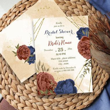 terracotta navy blue floral greenery bridal shower Invitations