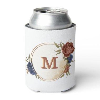 terracotta navy blue floral greenery monogram can cooler