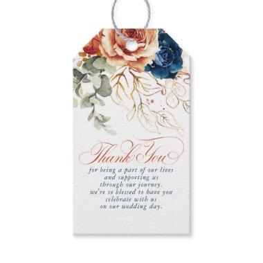Terracotta Navy Blue Flowers Boho Thank You Gift Tags
