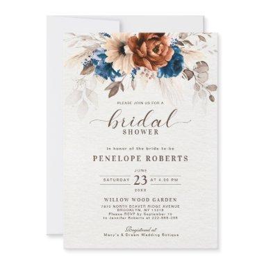 Terracotta Navy Blue Pampas Grass Bridal Shower Invitations