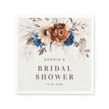 Terracotta Navy Blue Pampas Grass Bridal Shower Napkins