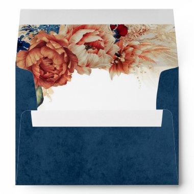 Terracotta Navy Blue Rust Flowers and Pampas Grass Envelope