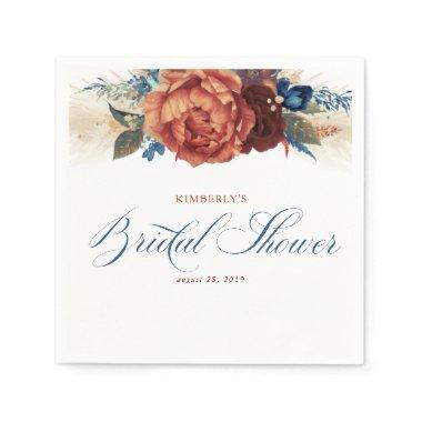 Terracotta Navy Floral Pampas Grass Bridal Shower Napkins