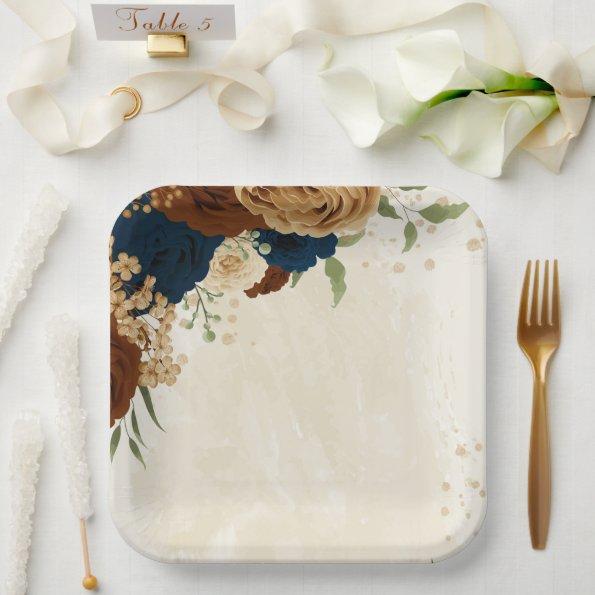 terracotta navy floral wedding paper plates