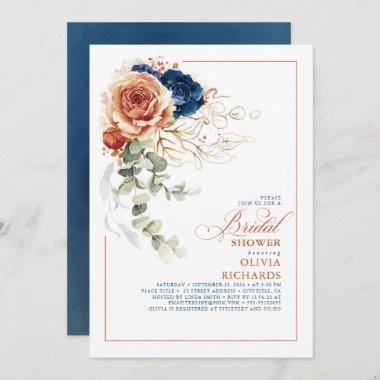 Terracotta Orange Navy Blue Fall Bridal Shower Invitations