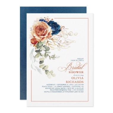 Terracotta Orange Navy Blue Fall Bridal Shower Invitations