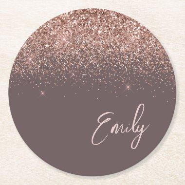 Terracotta Rose Gold Blush Pink Glitter Monogram Round Paper Coaster