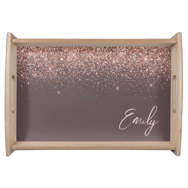 Terracotta Rose Gold Blush Pink Glitter Monogram Serving Tray