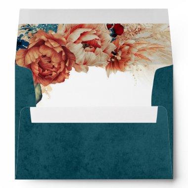 Terracotta Teal Rust Flowers and Pampas Grass Envelope