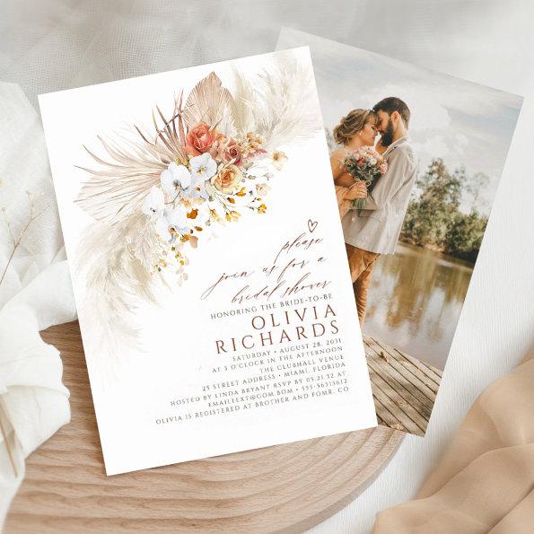 Terracotta White Flowers Boho Bridal Shower Photo Invitations