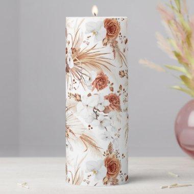 Terracotta White Flowers Elegant Botanical Boho Pillar Candle