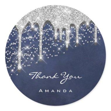 Thank Name 16th Bridal Black Glitter 3D Blue Navy Classic Round Sticker