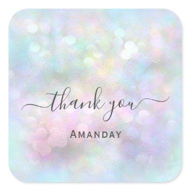 Thank Name Holograph Abstract Blue Pink Bridal Square Sticker