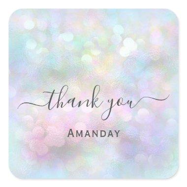 Thank Name Holograph Abstract Blue Pink Bridal Square Sticker