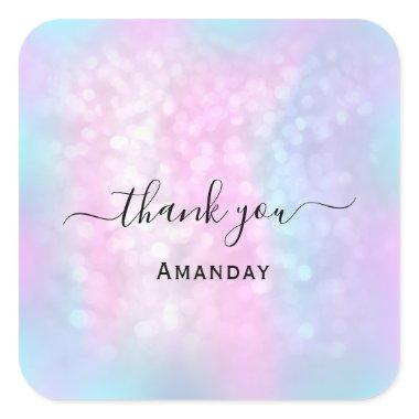 Thank Name Holograph Abstract Blue Pink Ombré Square Sticker