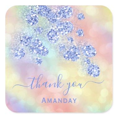 Thank Name Holograph Floral Glitter Dusty Blue Square Sticker