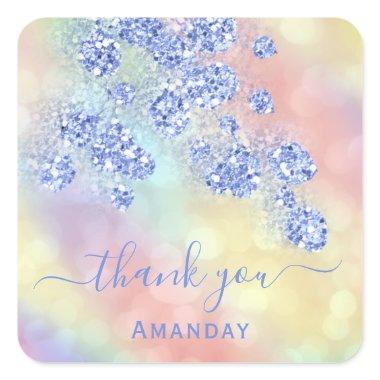 Thank Name Holograph Floral Glitter Dusty Blue Square Sticker