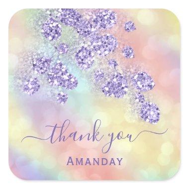 Thank Name Holograph Floral Glitter Dusty Lavender Square Sticker