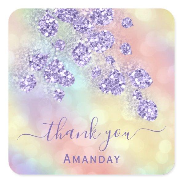 Thank Name Holograph Floral Glitter Dusty Lavender Square Sticker