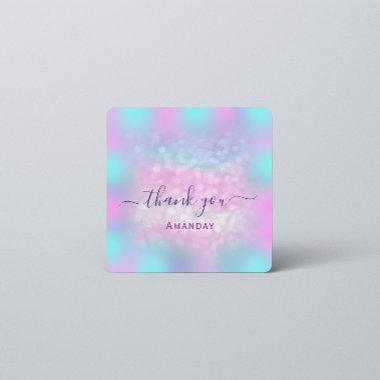 Thank Name Holograph Sweet 16th Blue Pink Glitter Square Sticker