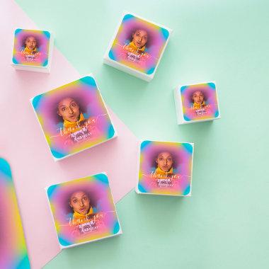 Thank Photo Blue Pink Holograph Birthday Favor Square Sticker