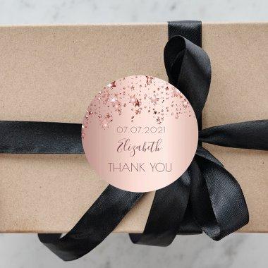 Thank You birthday party rose gold glittery stars Classic Round Sticker
