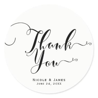 Thank You Black White Script Custom Wedding Favor Classic Round Sticker