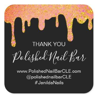 Thank You Boutique Shop Nails Coral Gold Drips Square Sticker