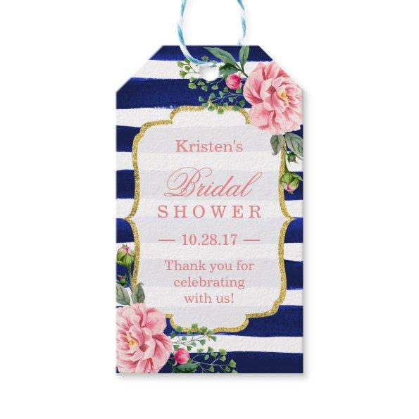 Thank You Bridal Shower Pink Flower Navy Stripes Gift Tags