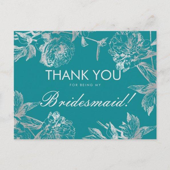 Thank You Bridesmaid Silver Teal Simple Floral PostInvitations